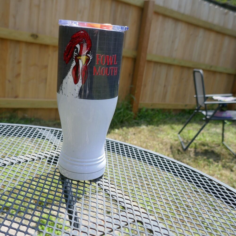 Pithitude "Fowl Mouth" Insulated Tumbler Rooster Farm White 24 oz w/ Lid